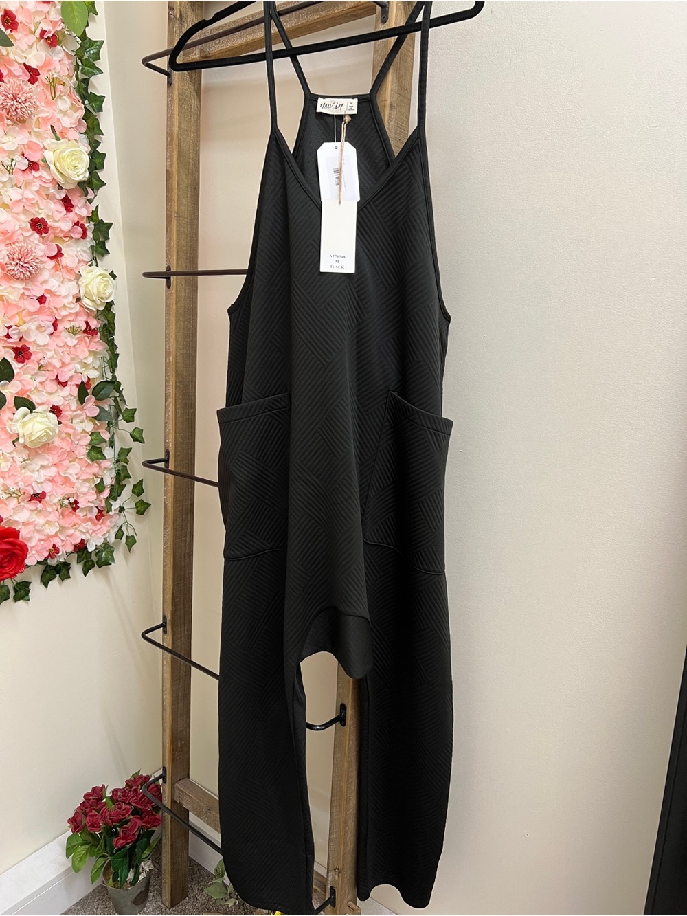 Very J Black Textured Wide-Leg Jumpsuit with Pockets